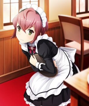 1girl ahoge alternate_costume apron black_dress blush bow bowtie brooch chair day dress enmaided feet_out_of_frame game_cg green_eyes holding holding_tray hunched_over indoors jewelry looking_at_viewer maid maid_apron maid_headdress nagasaki_sumi official_art purple_hair red_bow red_bowtie short_hair sidelocks solo table third-party_source toji_no_miko toji_no_miko:_kizamishi_issen_no_tomoshibi tray white_apron window