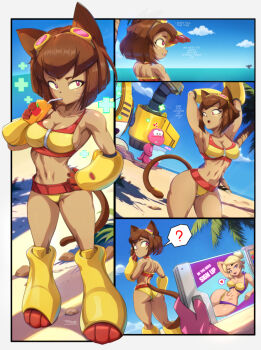? alternate_costume animal_ears bikini cat_ears cat_girl cat_tail dark-skinned_female dark_skin dinosaur drink_carton felox08 gameoverse gauntlets gobbles_(gameoverse) goggles goggles_on_head hand_on_own_hip heart highres juice_box kit_bodega miss_information_(gameoverse) official_alternate_costume pink_scales spoken_heart spoken_question_mark stretching swimsuit tail tan whiskers wide_hips yellow_bikini yellow_gauntlets