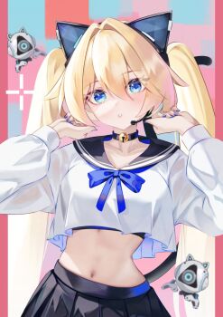 1girl absurdres animal_ear_headphones animal_ears bell blonde_hair blue_eyes bow breasts cat_ear_headphones cat_ears cat_tail choker collarbone crop_top eyes_visible_through_hair fake_animal_ears fake_tail hair_between_eyes hands_up headphones headset highres lina_114 long_hair looking_at_viewer medium_breasts michele_(strinova) midriff nail_polish navel parted_lips pleated_skirt sailor_collar school_uniform see-through_clothes serafuku sidelocks skirt solo sparkling_eyes standing strinova tail teeth twintails