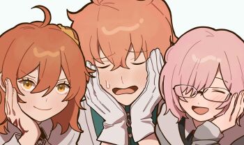 Rule 34 | 1boy, 2girls, 773 577 773, ahoge, blush, chaldea logo, closed eyes, closed mouth, command spell, facing viewer, fate/grand order, fate (series), fujimaru ritsuka (female), gloves, hair ornament, hair over one eye, hair scrunchie, hand on own cheek, hand on own face, hands on own cheeks, hands on own face, highres, hood, hoodie, long sleeves, looking at viewer, mash kyrielight, medium hair, multiple girls, open mouth, orange hair, pink hair, romani archaman, scrunchie, smile, sweatdrop, white gloves, wing collar