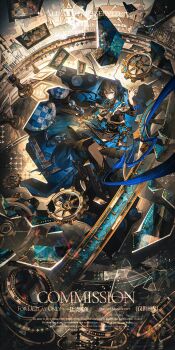 1girl absurdres asymmetrical_legwear blue_bow blue_bowtie blue_eyes blue_ribbon blue_sailor_collar board_game boots bow bowtie broken broken_glass broken_tile brown_boots brown_hair brown_shoes checkered_floor chess_piece closed_mouth commission crossed_bangs dress frilled_dress frills full_body gears glass hair_between_eyes hair_ornament highres house long_hair long_sleeves looking_at_viewer mismatched_legwear open_hand original pawn_(chess) ribbon sailor_collar screentones shoes sidelocks smile solo very_long_hair watermark yan_zi_yao_yu