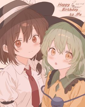 2girls absurdres black_hat blush bow breast_pocket brown_eyes brown_hair buttons closed_mouth commentary_request dated diamond_button dress_shirt frilled_shirt_collar frills green_hair hair_bow happy_birthday hat hat_bow hat_ribbon highres iris-san komeiji_koishi looking_at_viewer medium_hair multiple_girls necktie open_mouth pocket red_necktie ribbon shirt signature smile third_eye touhou upper_body usami_renko white_background white_bow white_ribbon white_shirt yellow_bow yellow_eyes yellow_ribbon yellow_shirt