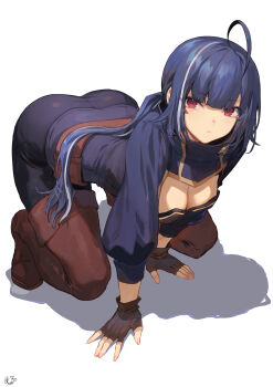 1girl :/ ahoge all_fours black_gloves blue_hair boots breasts brown_boots closed_mouth commentary fingerless_gloves full_body gloves highres large_breasts long_sleeves looking_at_viewer mashutarou_(neko_no_oyashiro) multicolored_hair nagi_(hijiri_kishi_sonia-san) original ponytail red_eyes solo streaked_hair thigh_boots white_background white_hair