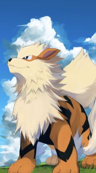 Rule 34 | animal focus, arcanine, blue sky, closed mouth, cloud, fangs, fangs out, field, fluffy, gen 1 pokemon, grass, highres, kou11021301, nintendo, no humans, orange fur, outdoors, pokemon, pokemon (creature), pokemon focus, sky, smile, tail