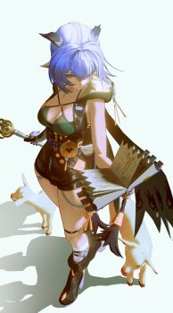 1girl 2others absurdres accessories animal animal_ears black_boots black_horns black_unitard blue_hair book boots bra braid breasts choker cleavage closed_mouth commentary_request from_above goat goat_ears goat_girl goat_horns goat_tail green_bra highres holding holding_book holding_staff hood horizontal_pupils horns key key_choker knee_strap long_hair lucia_elowen medallion medium_breasts multiple_others pointy_ears shadow socks staff tail twin_braids underwear user_prve4528 white_socks zenless_zone_zero