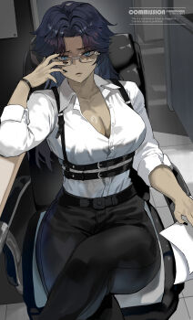 1girl absurdres arm_rest black_nails black_pants blue_eyes blue_hair borrowed_character breasts chair character_request chest_harness cleavage collared_shirt commentary commission crossed_legs curtained_hair dress_shirt english_commentary feet_out_of_frame glasses grey-framed_eyewear hand_on_own_face harness highres indoors jellyfish_cut large_breasts long_hair looking_at_viewer office original pants park_ongjol parted_bangs partially_unbuttoned raised_inner_eyebrows rimless_eyewear shirt shirt_tucked_in sitting solo swivel_chair tile_floor tiles tsurime wristband