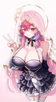 1girl absurdres arm_behind_back bare_shoulders black_bow black_bowtie black_dress blue_hair blush bow bowtie breasts cleavage closed_mouth commentary criss-cross_strings cross crossed_bangs detached_sleeves dress english_commentary flower gold_halo gold_trim gradient_background gradient_hair hair_between_eyes hair_flower hair_intakes hair_ornament halo hand_up headpiece highres indie_virtual_youtuber large_breasts layered_dress long_hair long_sleeves looking_at_viewer moragon584 multicolored_hair nun orange_eyes pink_background pink_hair puffy_detached_sleeves puffy_sleeves rosetta_(vtuber) see-through_clothes see-through_veil smile solo strap streaked_hair thigh_strap thighhighs thighs v veil very_long_hair virtual_youtuber white_thighhighs wide_sleeves