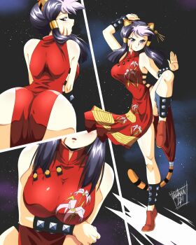 1girl animal_ears ass black_hair blunt_bangs breasts chinese_clothes danmakuman dress fake_tail full_body highres large_breasts medium_hair multiple_views red_dress signature steam-heart&#039;s tail