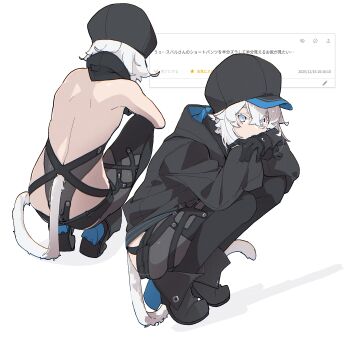 Rule 34 | 1girl, ass, back, backless leotard, bare back, black boots, black gloves, black hat, black jacket, black leotard, black thighhighs, blue eyes, boots, colored eyelashes, commentary, crossed bangs, gloves, hair between eyes, halterneck, hat, highleg, highleg leotard, highres, jacket, leotard, lowleg, lowleg pantyhose, lowleg shorts, micro shorts, multiple views, original, pantyhose, request inset, shorts, simple background, solo, squatting, subaru (yamunashi), tail, thighhighs, thighhighs over pantyhose, untranslatable commentary, white background, white eyelashes, white hair, yamunashi (soregoshi)