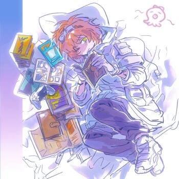 Rule 34 | 1girl, book, bow, commentary, controller, game controller, green eyes, hair bow, highres, holding, holding book, ishmael (project moon), jacket, limbus company, lying, manga (object), middle (identity) (project moon), on side, one eye closed, orange hair, pants, pillow, project moon, purple pants, shoes, short hair, solo, symbol-only commentary, white bow, white jacket, white shoes, wrong5166