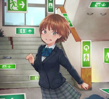 1girl blazer blood breasts brown_hair clenched_teeth commentary commentary_request emergency_exit english_commentary exit_sign indoors jacket medium_breasts mixed-language_commentary original pleated_skirt shoes short_hair skirt stairs teeth unworn_shoes window yajirushi_(chanoma)
