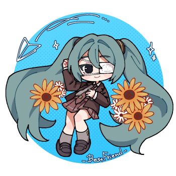 1girl aqua_hair black_eyes black_shoes blush_stickers brown_jacket brown_necktie brown_skirt chibi chibi_only collar commentary english_commentary english_text flower full_body grey_shirt grey_socks hand_up hatsune_miku jacket looking_at_viewer monitoring_(vocaloid) necktie odd_(miyoru) paper_airplane pleated_skirt shirt shoes simple_background skirt smile socks solo sparkle tie_clip twintails vocaloid white_collar wing_collar