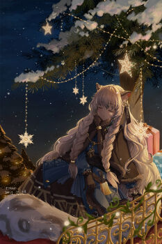 1girl animal_ear_fluff arknights artist_name bell black_capelet black_gloves blue_dress box braid capelet christmas christmas_lights christmas_ornaments christmas_tree closed_eyes cloud commentary dated dress english_commentary fur-trimmed_capelet fur_trim gift gift_box gloves grey_hair highres jewelry long_hair necklace night official_alternate_costume outdoors parted_lips pramanix_(arknights) pramanix_(caster's_frost)_(arknights) sitting sky sled sleeping snow snow_leopard_ears snow_leopard_girl snow_leopard_tail solo star_(sky) starry_sky tendril tomonyannyan twin_braids very_long_hair wavy_hair