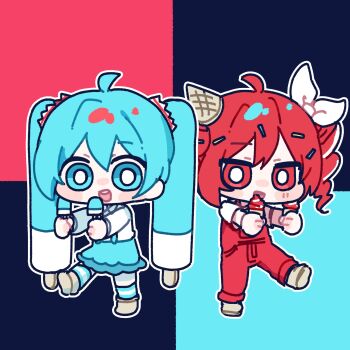 Rule 34 | 2girls, :d, ahoge, blue eyes, blue hair, blue skirt, blue socks, blush stickers, bright pupils, brown shoes, chibi, chibi only, collared shirt, double-parted bangs, drill hair, food, food-themed hair, full body, hair between eyes, hair ribbon, hashtag-only commentary, hatsune miku, highres, holding, holding food, holding ice cream, holding popsicle, ice cream, kasane teto, long hair, long sleeves, looking at viewer, miratsu (miratsu169), multiple girls, open mouth, outline, overalls, popsicle, red eyes, red hair, red overalls, ribbon, shirt, shoes, short hair, short sleeves, skirt, smile, socks, standing, standing on one leg, striped clothes, striped socks, suspender skirt, suspenders, twin drills, twintails, utau, vocaloid, white outline, white pupils, white ribbon, white shirt