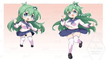 1girl alternate_costume black_shoes blue_bra blue_eyes blue_panties blue_skirt border bra bra_peek breasts chibi commentary_request frog_hair_ornament full_body futa_(nabezoko) gradient_background green_hair hair_ornament hair_tubes kochiya_sanae large_breasts loafers long_hair long_sleeves looking_at_viewer multiple_views navel open_mouth panties pantyshot pleated_skirt school_uniform serafuku shirt shoes single_hair_tube skirt smile thighhighs touhou underwear watermark white_border white_shirt white_thighhighs