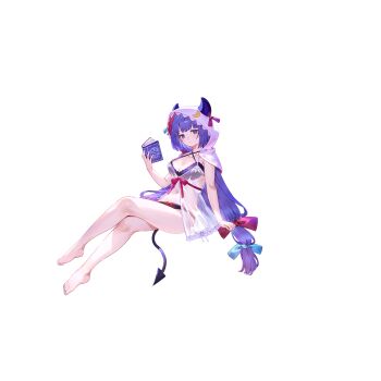 1girl alternate_costume barefoot bikini book breasts chair cleavage crossed_legs demon_tail feet game_cg highres holding holding_book hood hood_up horned_hood horns legs long_hair long_sleeves looking_at_viewer navel non-web_source official_art patchouli_knowledge purple_bikini purple_eyes purple_hair second-party_source sitting solo stomach swimsuit tail toes touhou touhou_gensou_eclipse transparent_background u_u_zan very_long_hair