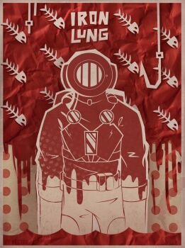 Rule 34 | 1boy, border, covered face, diving mask, diving suit, facing viewer, fish hook, fish skeleton, goggles, highres, iron lung (movie), limited palette, male focus, paper texture, simon (iron lung), solo, standing, vector victor v, vest, wading, white border