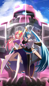 2girls absurdres aqua_eyes aqua_hair aqua_nails aqua_necktie armpits black_skirt black_thighhighs blue_sky breasts cloud cloudy_sky covered_navel crossover detached_sleeves gloves gold_trim gundam gundam_seed gundam_seed_destiny hair_between_eyes hatsune_miku high_heels highres holding holding_microphone humanoid_robot in_palm large_breasts leotard long_hair macha_3939 meer_campbell microphone mobile_suit multicolored_leotard multiple_girls necktie open_mouth outdoors pink_hair purple_leotard robot science_fiction shirt shoes skirt sky standing standing_on_one_leg teeth thighhighs twintails upper_teeth_only vocaloid white_gloves white_leotard white_shirt white_shoes wide_hips zaku_warrior_concert_custom