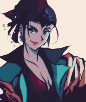 Rule 34 | 1girl, breasts, cowboy bebop, earrings, faye valentine, girigiri yukka, green eyes, jewelry, lipstick, looking at viewer, makeup, official alternate costume, official alternate hairstyle, simple background, smile, solo