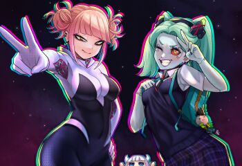 3girls blonde_hair blue_bag bodysuit boku_no_hero_academia chromatic_aberration commentary cosplay cyberpunk:_edgerunners cyberpunk_(series) david_martinez double_bun earrings galaxy_background hair_bun highres jewelry kanna_kamui kobayashi-san_chi_no_maidragon marvel multiple_girls necktie one_eye_closed peni_parker peni_parker_(cosplay) rebecca_(cyberpunk) spider-gwen spider-gwen_(cosplay) spider-man:_into_the_spider-verse spider-man_(series) spider-verse toga_himiko twintails unusualpie v
