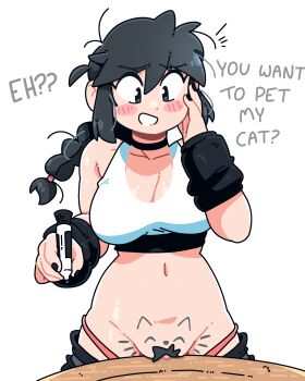 Rule 34 | 1girl, black choker, black eyes, black hair, black nails, blush stickers, braid, breasts, choker, cleavage, commentary, cowboy shot, do you want to pet my cat (meme), english commentary, english text, female pubic hair, fingernails, hair between eyes, hand on own cheek, hand on own face, hand up, highres, holding, holding pen, large breasts, long hair, lucia (scott malin), meme, nail polish, navel, open mouth, original, panties, panty pull, pen, pink panties, pubic hair, pussy, scott malin, simple background, single braid, solo, sports bra, standing, swimsuit, table, uncensored, underwear, white background, white mouth, white sports bra