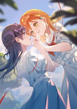 2girls blue_eyes blue_hair blue_ribbon blue_sky blurry bob_cut cloud depth_of_field dkou dress eye_contact film_grain glint green_eyes grin hair_ornament halftone hasu_no_sora_school_uniform highres hinoshita_kaho holding_hands interlocked_fingers inverted_bob link!_like!_love_live! long_hair looking_at_another love_live! medium_hair multiple_girls murano_sayaka neckerchief orange_hair puffy_short_sleeves puffy_sleeves rabbit_hair_ornament red_neckerchief red_ribbon ribbon sailor_collar sailor_dress school_uniform short_sleeves side_ahoge sky smile sparkle string string_around_finger string_of_fate summer_uniform tree virtual_youtuber white_dress white_sailor_collar yuri