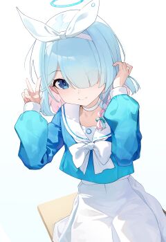 1girl absurdres arona_(blue_archive) blue_archive blue_eyes blue_hair blue_halo blue_pupils blue_serafuku blush bow bow_hairband bowtie braid bright_pupils choker closed_mouth collarbone colored_inner_hair commentary cowboy_shot curled_fingers desk english_commentary hair_over_one_eye hairband halo hands_up highres liago long_sleeves looking_at_viewer miniskirt multicolored_hair on_desk pink_hair pleated_skirt sailor_collar school_uniform serafuku short_hair simple_background single_braid sitting skirt sleeve_cuffs smile solo streaked_hair two-tone_hair v white_background white_bow white_bowtie white_choker white_hairband white_sailor_collar white_skirt
