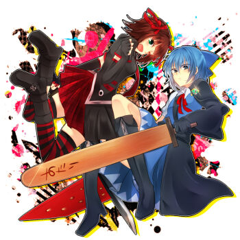 Rule 34 | 2girls, advent cirno, amami haruka, blue dress, blue eyes, blue hair, boots, bow, brown hair, cirno, dress, elbow gloves, fingerless gloves, fusion swords, gloves, green eyes, hair bow, hair ribbon, holding, holding sword, holding weapon, huge weapon, idolmaster, idolmaster (classic), keroro gunsou, knee boots, looking at viewer, looking back, multiple girls, necktie, one eye closed, open mouth, plaid clothes, plaid skirt, pleated skirt, punkish gothic, ribbon, short hair, skirt, smile, striped clothes, striped legwear, striped thighhighs, suika blade, sword, thighhighs, touhou, umekohu, weapon, wings, wink, wooden sword, zettai ryouiki