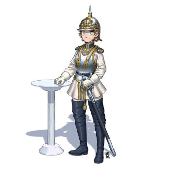 1girl absurdres bad_link belt_buckle black_boots boots buckle cavalry combat_helmet cuirass cuirassier cuirassier_helmet epaulettes formal_clothes full_body gloves gold_trim gorget green_eyes hand_rest helmet highres holding holding_sword holding_weapon leather leather_boots light_blush light_smile looking_at_viewer messy_hair military_uniform ostwindprojekt pale_skin pedestal pickelhaube prussia riding_boots scabbard sheath short_hair shoulder_boards standing sword sword_hilt tunic victorian weapon white_background white_gloves white_tunic