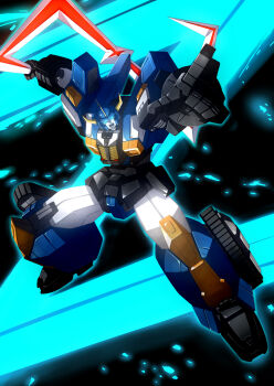 autobot boomerang dai_atlas glowing glowing_eyes highres holding holding_weapon horns mecha nichisogawa_asaryo no_humans open_mouth pointing pointing_up robot science_fiction solo transformers transformers_zone weapon