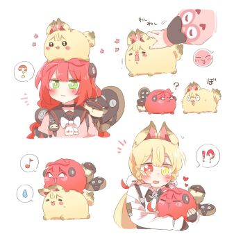 Rule 34 | !?, 2girls, ?, alice thymefield, animal, animal ear fluff, animal ears, animal on back, animal on head, animalization, black sailor collar, blonde hair, blush, braid, braided twintails, bright pupils, cardigan, chest bow, closed mouth, commentary request, cropped torso, floral print, green eyes, hair ornament, hearing aid, heart, heterochromia, holding, holding animal, kamanosuke (zenless zone zero), long hair, looking at animal, motion lines, multiple girls, musical note, notice lines, on animal, on head, open mouth, petting, pink cardigan, rabbit, rabbit ears, rabbit girl, rabbit on head, raccoon, rebecca (keinelove), red eyes, red hair, sailor collar, simple background, sphere hair ornament, spoken expression, spoken musical note, spoken question mark, spoken sweatdrop, sweatdrop, tanuki, ukinami yuzuha, upper body, white background, white pupils, yellow eyes, zenless zone zero