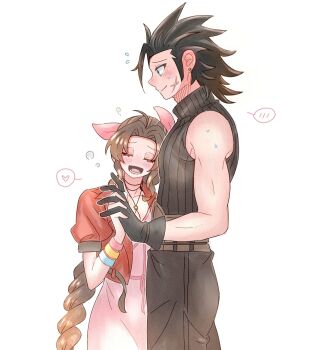 1boy 1girl 7_(milu577610) aerith_gainsborough bare_shoulders black_gloves black_hair black_pants black_sweater blush bracelet braid braided_ponytail brown_hair choker couple cowboy_shot crisis_core:_final_fantasy_vii cross_scar earrings facial_scar final_fantasy final_fantasy_vii final_fantasy_vii_remake flying_sweatdrops from_side gloves hair_ribbon heart height_difference highres holding_hands interlocked_fingers jacket jewelry looking_at_another open_clothes open_jacket open_mouth pants pink_ribbon pink_sweater ponytail profile red_jacket ribbed_sweater ribbon scar scar_on_cheek scar_on_face short_hair simple_background sleeveless sleeveless_turtleneck spiked_hair spoken_blush spoken_heart stud_earrings sweat sweatdrop sweater turtleneck turtleneck_sweater white_background zack_fair