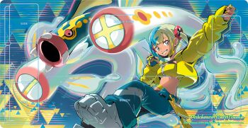 1girl aqua_hair bandeau black_mask blonde_hair blue_eyes blue_skin boots breasts canari_(pokemon) colored_sclera colored_skin commentary_request criss-cross_straps dark-skinned_female dark_skin eel eelektross fangs fish gen_5_pokemon grin highres holding holding_poke_ball jacket lamprey long_sleeves looking_at_viewer mask mask_pull mega_eelektross mega_pokemon mega_stone mouth_mask multicolored_hair multicolored_skin navel nintendo official_art open_mouth pants poke_ball pokemon pokemon_(creature) pokemon_legends:_z-a pokemon_tcg quick_ball red_sclera short_twintails smile split-color_clothes split-color_hair sports_bra teeth twintails two-tone_hair two-tone_mask two-tone_pants two-tone_skin white_boots white_skin yellow_bandeau yellow_jacket yellow_mask yellow_sports_bra yuriko_pro