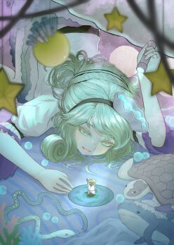 1girl absurdres animalization aqua_eyes blonde_hair character_doll clam clam_shell clam_shell_ornament doll dress flashlight flat_earth fossilized_wonders frilled_dress frills gem hair_ornament hat highres holding holding_flashlight iwanaga_ariya light_particles mob_cap oyster pearl_(gemstone) shark shell shell_hair_ornament snake star_(symbol) tamateba_co top-down_bottom-up touhou turtle watari_nina watatsuki_no_toyohime watatsuki_no_toyohime_(shark) yuiman_asama yuiman_asama_(snake)