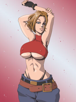 Rule 34 | 1girl, armpits, arms behind head, blonde hair, blue eyes, blue mary, breasts, covered erect nipples, curvy, denim, fatal fury, fingerless gloves, gloves, highres, jeans, large breasts, legs, looking at viewer, midriff, navel, pants, parted lips, pink lips, short hair, sideboob, smile, snk, solo, teeth, the king of fighters, thighs, toned, underboob