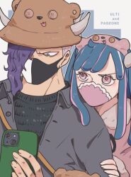 Rule 34 | 1boy, 1girl, blue hair, blunt bangs, brother and sister, brown hat, character name, chiyo (@ch falgar), commentary request, hair over one eye, hand on another&#039;s arm, hat, highres, holding, holding phone, horns, jacket, looking at another, mask, mouth mask, one piece, page one (one piece), phone, pink eyes, pink hair, purple hair, siblings, ulti (one piece), upper body