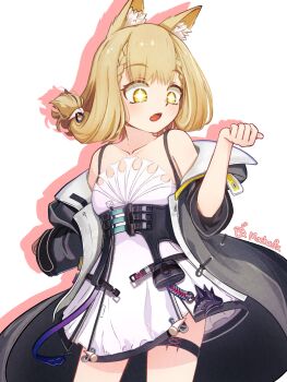 1girl animal_ears arknights arknights:_endfield black_jacket blonde_hair borrowed_clothes candalahina commentary dress highres jacket rossi_(arknights) solo tail white_background white_dress wolf_ears wolf_girl wolf_tail yellow_eyes