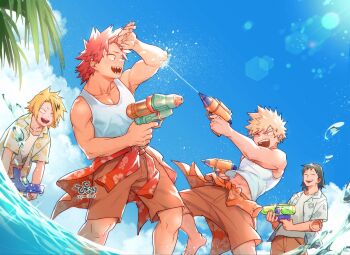 4boys bakugou_katsuki bare_shoulders black_hair black_streaks blonde_hair blue_sky boku_no_hero_academia brown_shorts clothes_around_waist collarbone commentary_request floral_print highres kaminari_denki kirishima_eijiro looking_at_another male_focus multiple_boys ocean open_mouth orange_shirt red_eyes red_hair red_shirt sero_hanta sharp_teeth shirt shirt_around_waist short_hair shorts sky spiked_hair sunlight tank_top teeth tsukota twitter_username water water_gun white_tank_top