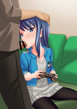 1boy 1girl alice_gear_aegis black_pantyhose blue_eyes blue_hair blue_jacket breasts clothed_sex commentary_request controller couch cushion fellatio game_controller highres holding holding_controller jacket koashi_mutsumi long_hair on_couch oral pantyhose penis shoki-gata18 small_breasts unzipped
