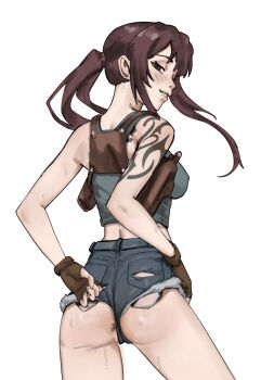 1girl absurdres anus anus_peek ass black_lagoon breasts brown_eyes brown_gloves brown_hair cameltoe cosplay cowboy_shot denim denim_shorts exposed_pocket fingerless_gloves gloves highres holster long_hair looking_at_viewer nekofarious ponytail revy_(black_lagoon) revy_(black_lagoon)_(cosplay) shorts shoulder_holster shoulder_tattoo sidelocks solo sweat tank_top tattoo