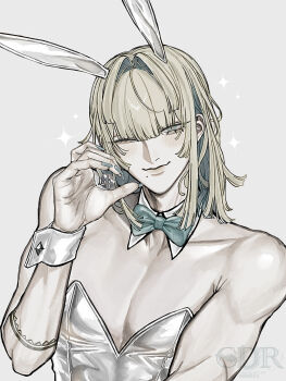 1boy absurdres androgynous animal_ears aqua_bow aqua_nails bare_shoulders blonde_hair blunt_bangs bow commentary_request crossdressing crossdressing_(mtf) detached_collar fake_animal_ears grey_background grey_eyes hand_up harold_corvi_(jinkai_cadoru) highres jinkai_cadoru long_hair male_focus male_playboy_bunny mole mole_under_eye muted_color one_eye_closed original pectoral_cleavage pectorals rabbit_ears solo sparkle upper_body white_wrist_cuffs wrist_cuffs