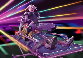 1boy 1girl abrosiis absurdres bed_straps bound clothed_sex cyberpunk_(series) cyberpunk:_edgerunners david_martinez gurney highres lucy_(cyberpunk) reverse_cowgirl_position sex straddling tied_up vaginal