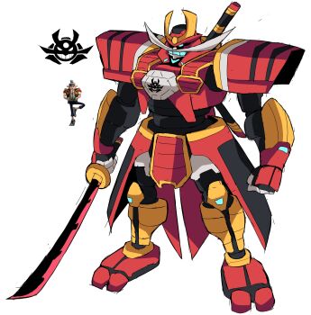 absurdres armor cyberlord1109 dr._deep dr._eggman facial_hair highres holding holding_sword holding_weapon japanese_armor joints katana mecha mechanization mustache robot robot_joints samurai sheath shoulder_armor sonic_(series) sonic_prime sword weapon