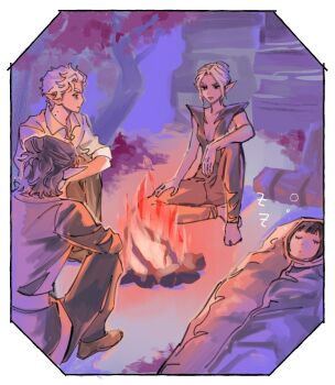 Rule 34 | 2boys, 2girls, astarion, baldur's gate, baldur's gate 3, barefoot, black eyes, black hair, black pants, black shirt, border, campfire, closed eyes, dungeons & dragons, elf, expressionless, fire, group picture, hair bun, knee up, minthara, multiple boys, multiple girls, outdoors, pants, pointy ears, s2 gp, shadowheart (baldur's gate), shirt, short hair, single hair bun, sitting, sleeping, sleeping bag, tav (baldur's gate), white border, white hair, white shirt