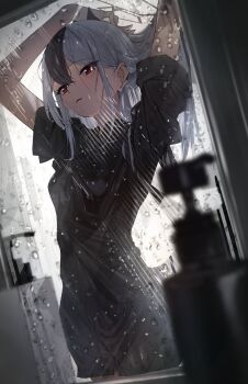 Rule 34 | 1girl, bathroom, black shirt, blue archive, hairdressing, indoors, kayoko (blue archive), kazu (kauk3753), multicolored hair, red eyes, shirt