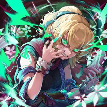 1girl black_sweater blonde_hair clenched_teeth commentary_request glaring green_eyes highres jewelry mizuhashi_parsee pointy_ears purple_nails purple_ribbon re_(re_09) ribbon ring short_hair sleeveless sleeveless_sweater solo sweater teeth touhou