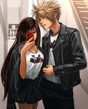 Rule 34 | 1boy, 1girl, absurdres, black hair, black jacket, black pants, black skirt, blonde hair, bracelet, character print, cloud strife, commentary, cowboy shot, earrings, english commentary, final fantasy, final fantasy vii, final fantasy vii remake, height difference, highres, holding, holding phone, indoors, jacket, jacket on shoulders, jewelry, leather, leather jacket, long hair, looking at phone, matching outfits, merchandise, miniskirt, open clothes, open jacket, pants, parted lips, phone, print shirt, safaia, selfie, shirt, short hair, skirt, spiked hair, standing, stud earrings, tifa lockhart, white shirt