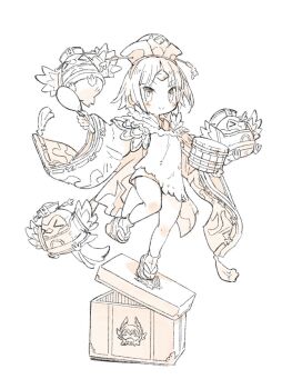 1girl apron beni-enma beni-enma_(first_ascension) bird bird_hat blush box commentary_request fate/grand_order fate_(series) feather_trim flat_chest full_body geta greyscale harada_takehito hat highres holding holding_spoon japanese_clothes kimono long_hair long_sleeves looking_at_viewer low_ponytail monochrome ohitsu okobo platform_footwear platform_sandals ponytail sandals shamoji simple_background sketch smile solo sparrow spoon tabi very_long_hair wide_sleeves wooden_spoon