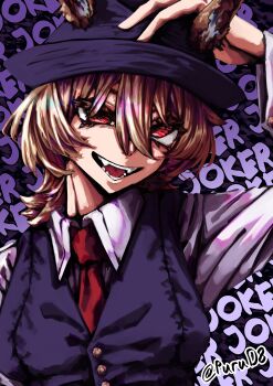 1girl absurdres agnes_tachyon_(umamusume) animal_ears breasts brown_hair choppy_bangs collared_shirt commentary cosplay ears_through_headwear english_commentary fangs hair_between_eyes hand_on_headwear hat hidari_shoutarou hidari_shoutarou_(cosplay) highres horse_ears horse_girl kamen_rider kamen_rider_w long_sleeves looking_at_viewer necktie open_mouth purple_background purple_hat purple_vest purud8 red_eyes red_necktie shirt short_hair small_breasts smile solo text_background umamusume upper_body vest white_shirt