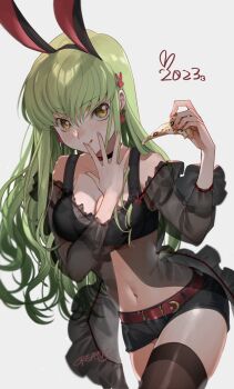 1girl animal_ears belt black_choker black_shorts breasts c.c. choker cleavage code_geass creayus crop_top earrings fake_animal_ears food green_hair highres holding holding_food holding_pizza jewelry long_hair looking_at_viewer medium_breasts pizza pizza_slice rabbit_ears see-through_clothes shorts solo yellow_eyes
